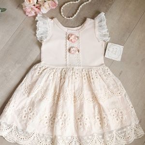 Haute Baby Ivory Peach Blush Cotton Embroidered Lace Dress Size 4 NWT